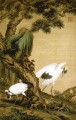 Lang glänzt zwei Kraniche unter Kiefernholz alte China Tinte Giuseppe Castiglione Vögel